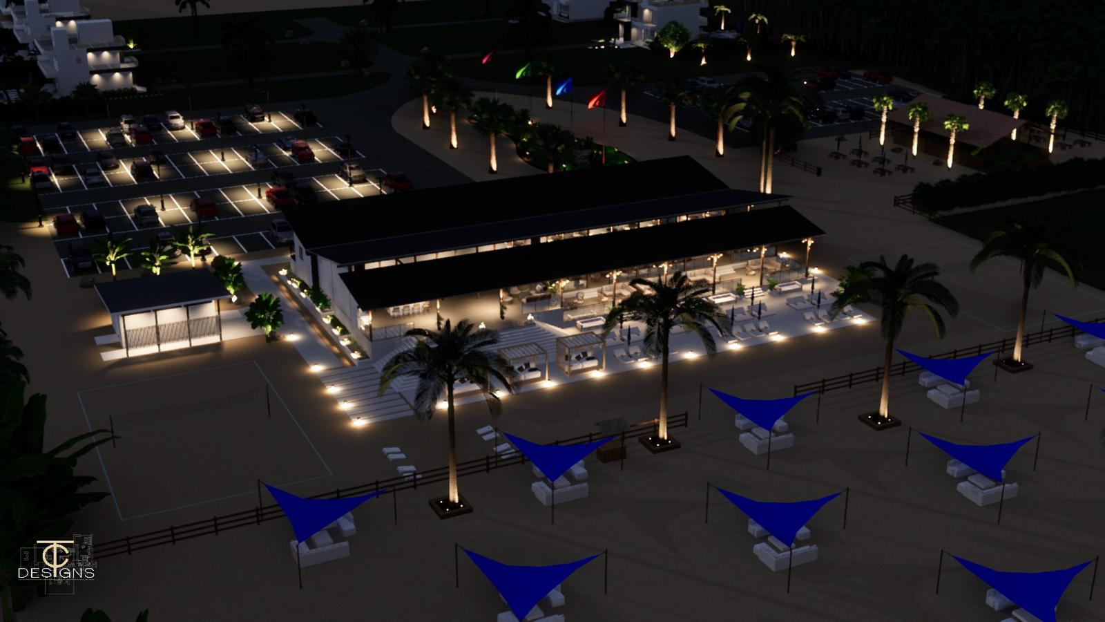 Settlers Cove — beach club and coastal setting, aerial rendering at night