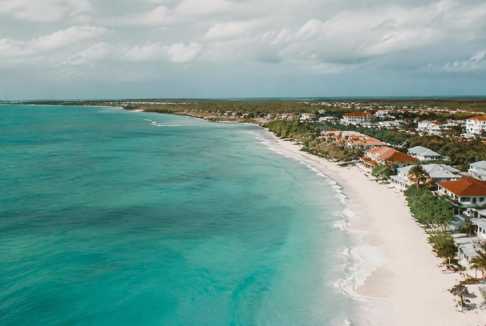 Caribbean coastline with low-rise villas