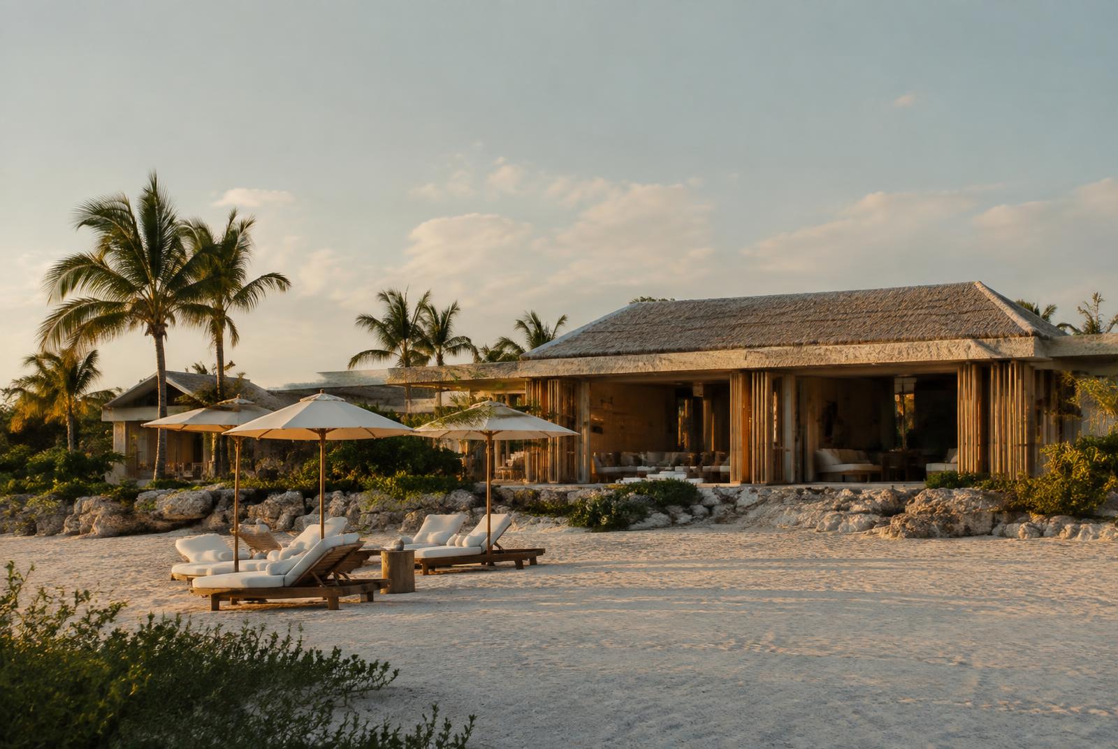Contemporary coastal villa and beach club — editorial mood, not project imagery