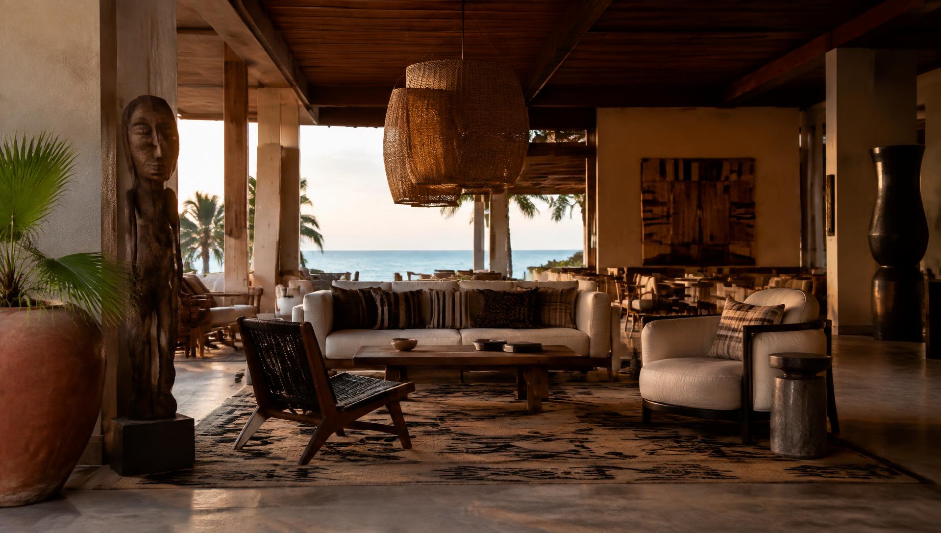 Contemporary West African hospitality interior — editorial mood